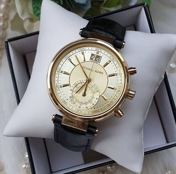 Michael Kors Sawyer Champagne Dial Black Leather Strap Watch for Women