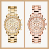 Michael Kors Ritz Chronograph Gold Dial Gold Steel Strap Watch For Women - MK6597