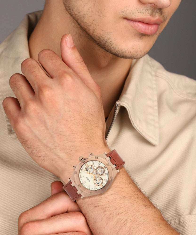Dial Leather Multifunction Men Analog Watch for White Brown Strap Guess