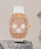 Guess Raven Diamonds Rose Gold Dial White Silicone Strap Watch for Women - GW0105L3