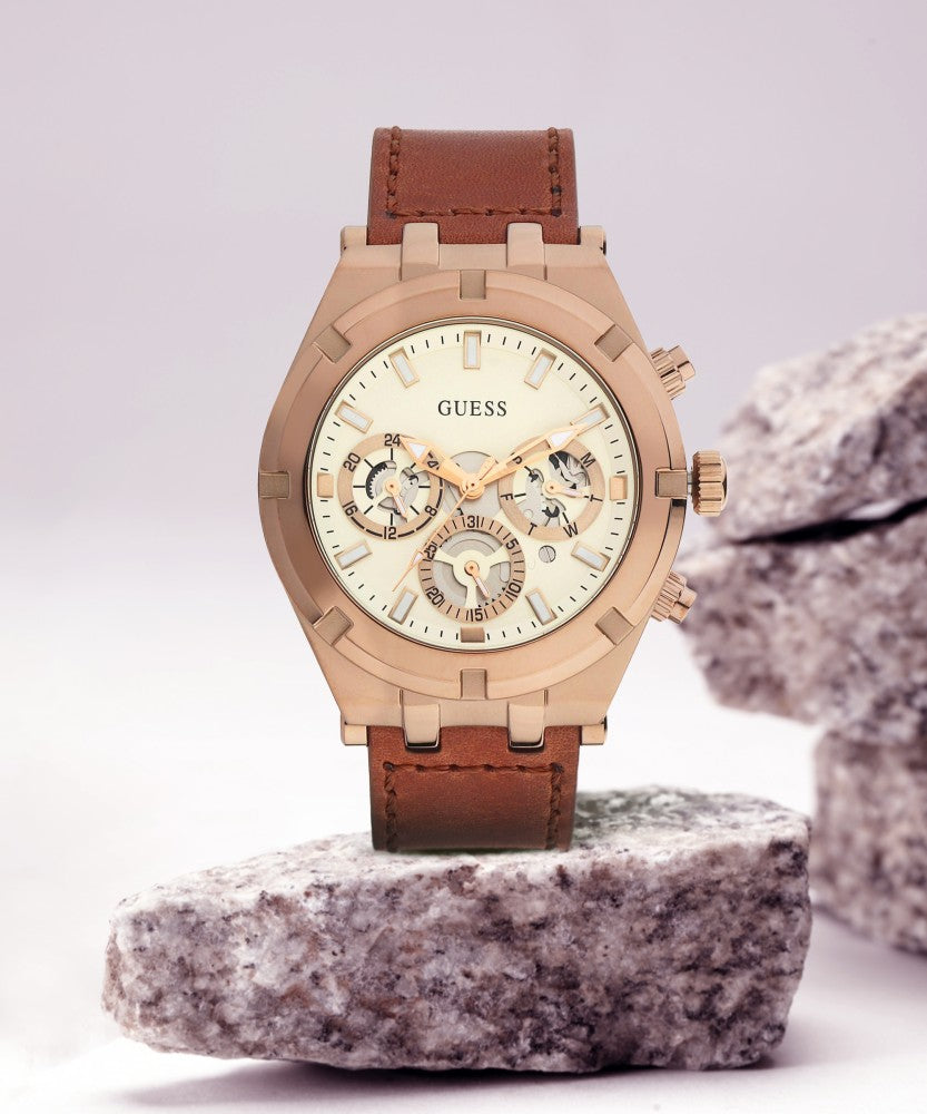 Guess Analog Multifunction White Dial Men Watch for Leather Brown Strap