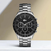 Lacoste Boston Chronograph Black Dial Silver Steel Strap Watch for Men - 2011079