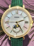 Fossil Jacqueline Multifunction Moonphase Mother of Pearl White Dial Green Leather Strap Watch for Women - ES5244