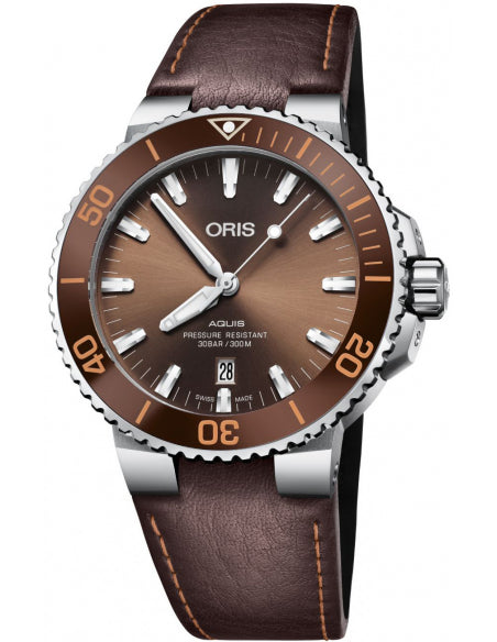 Oris Aquis Date Brown Dial Brown Leather Strap Watch for Men