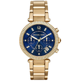 Michael Kors Parker Chronograph Blue Dial Gold Steel Strap Watch For Women - MK6262