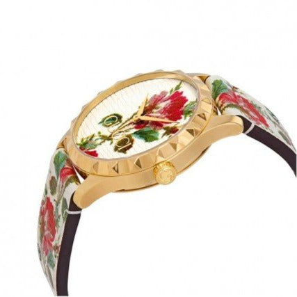 Gucci G Timeless Floral Gold Dial White Leather Strap Watch  display picture 3