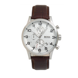 Hugo Boss Aeroliner Chronoraph White Dial Brown Leather Strap Watch For Men - HB1512447