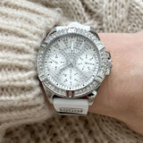 Guess Frontier Diamonds Silver Dial White Rubber Strap Watch For Women - W1160L4