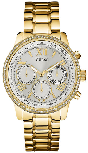 Guess Multi-function Diamonds White Dial Gold Steel Strap Watch for Women - W0559L2