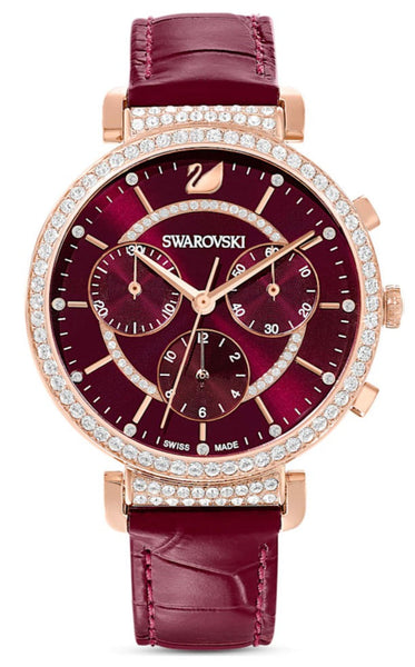 Swarovski Passage Chrono Red Dial Red Leather Strap Watch for Women
