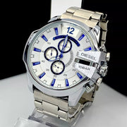 Diesel Mega Chief Chronograph White Dial Silver Steel Strap Watch For Men - DZ4477