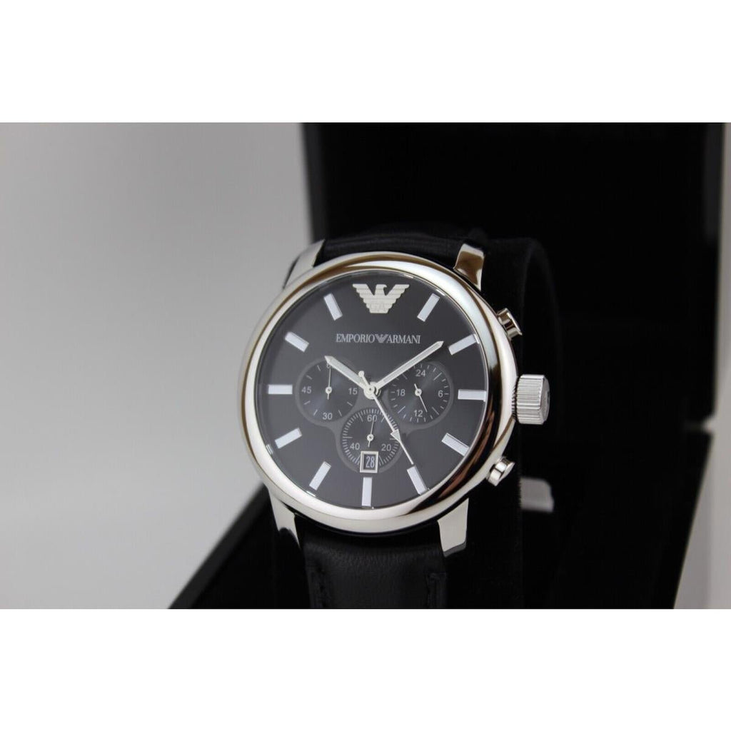 Emporio Armani Classic Chronograph Black Dial Black Leather Strap
