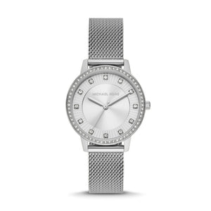 Michael Kors Quartz Crystals White Dial Silver Mesh Strap Watch for Women - MKO1013