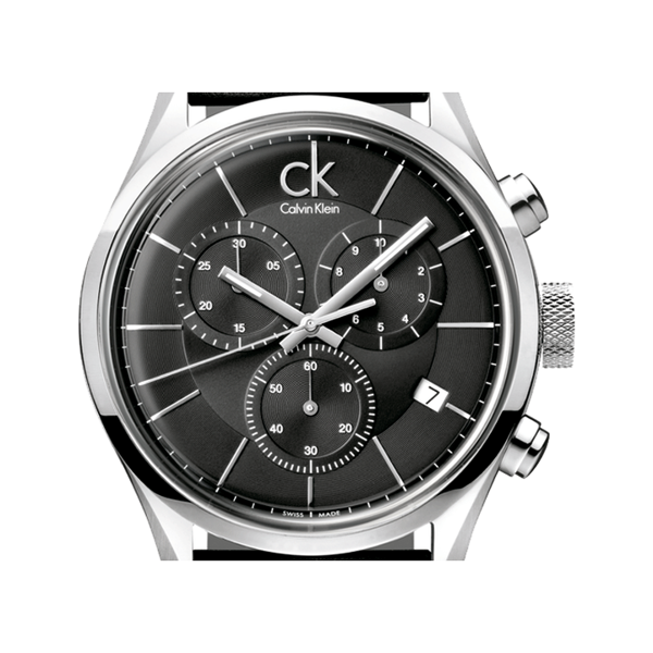 Calvin Klein Masculine Chronograph Black Dial Black Leather Strap Watch for  Men