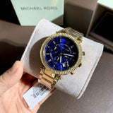 Michael Kors Parker Chronograph Blue Dial Gold Steel Strap Watch For Women - MK6262