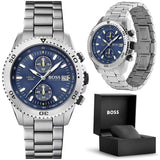 Hugo Boss Vela Chronograph Diver Blue Dial Silver Steel Strap Watch for Men - 1513775