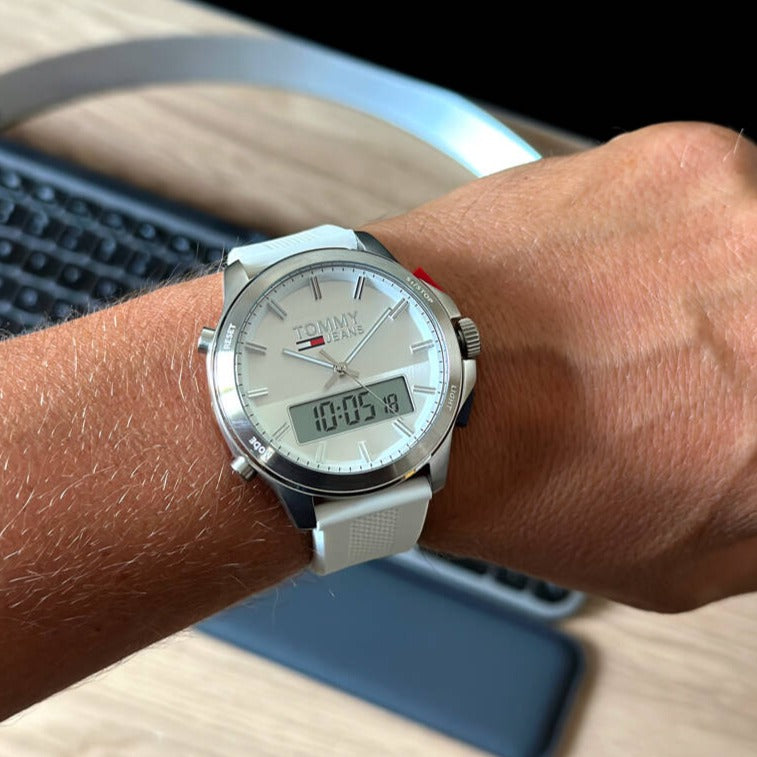 Tommy Hilfiger Digital Silver Dial White Silicone Strap Watch For Men