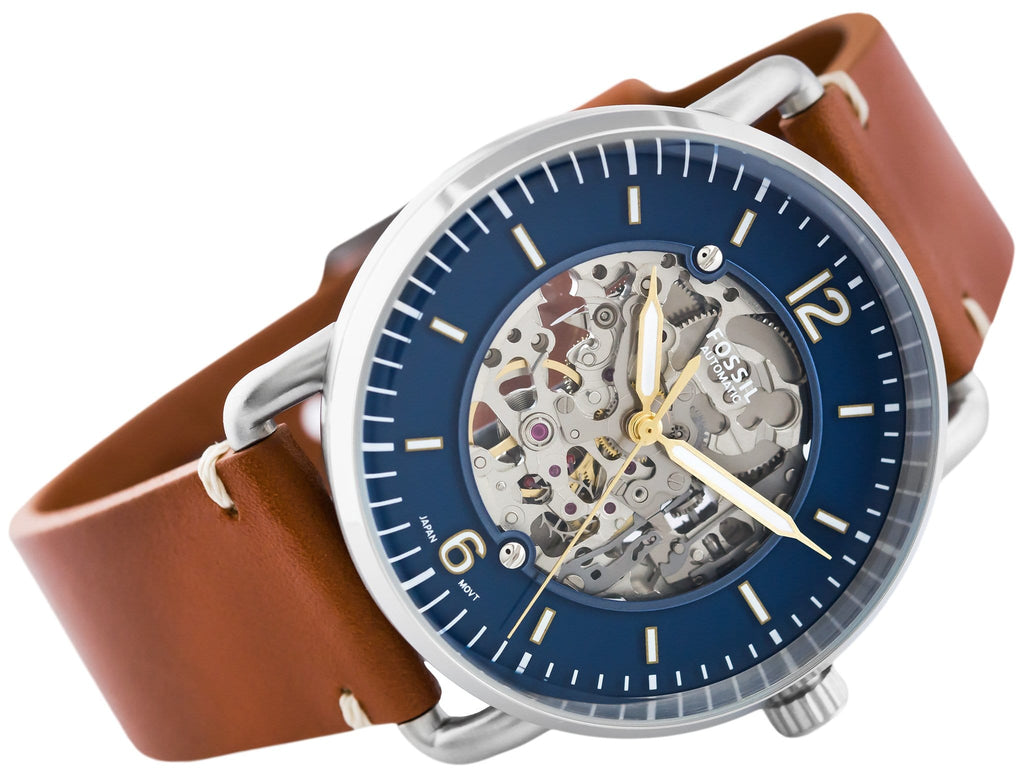 Fossil Commuter Automatic Skeleton Blue Dial Brown Leather Strap Watch for Men - ME3159