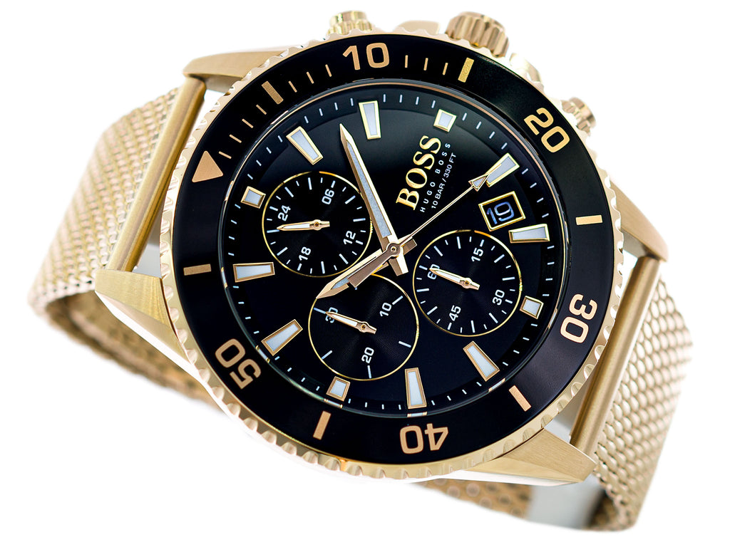 for Admiral Men Hugo Boss Watch Dial Mesh Bracelet Chronograph Black Gold