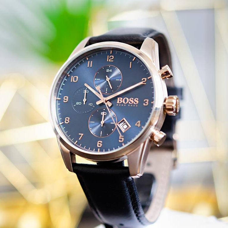 Hugo Boss Skymaster Chronograph Blue Dial Black Leather Strap
