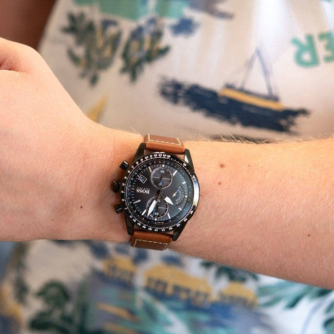Hugo Boss Pilot Chronograph Black Dial Brown Leather Strap Watch