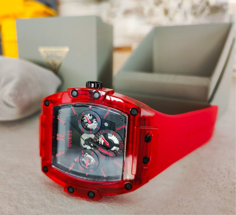 Guess Phoenix Multifunction Black Dial Red Rubber Strap Watch for Men