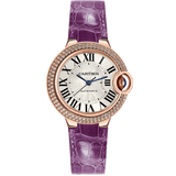 Cartier Ballon Blue De Cartier Diamonds Silver Dial Purple Leather Strap Watch for Women - WJBB0051