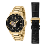 Maserati SFIDA Black Dial Yellow Gold Toned Stainless Steel Watch For Men - R8823140003