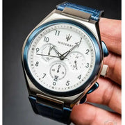 Maserati Triconic Chronograph White Dial Blue Leather Strap Watch For Men - R8871639001