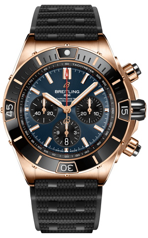 Breitling Chronomat B01 44 18K Red Gold Blue Dial Black Rubber Strap Watch for Men - RB01362A1C1S1