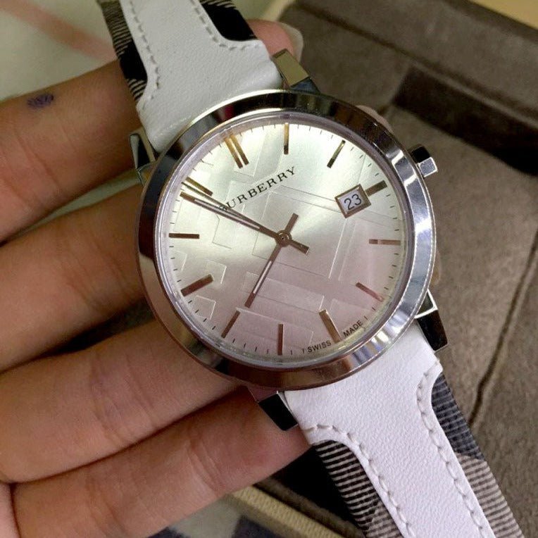Burberry The City Silver Dial White Leather Strap Watch for Women