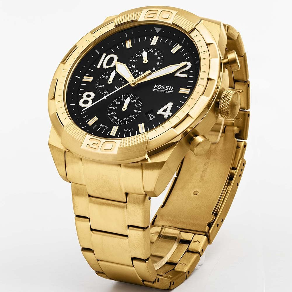 Fossil Bronson Chronograph Black Dial Gold Steel Strap Watch for Men