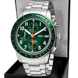 Fossil Sport Tourer Chronograph Green Dial Silver Steel Strap Watch for Men - FS6048