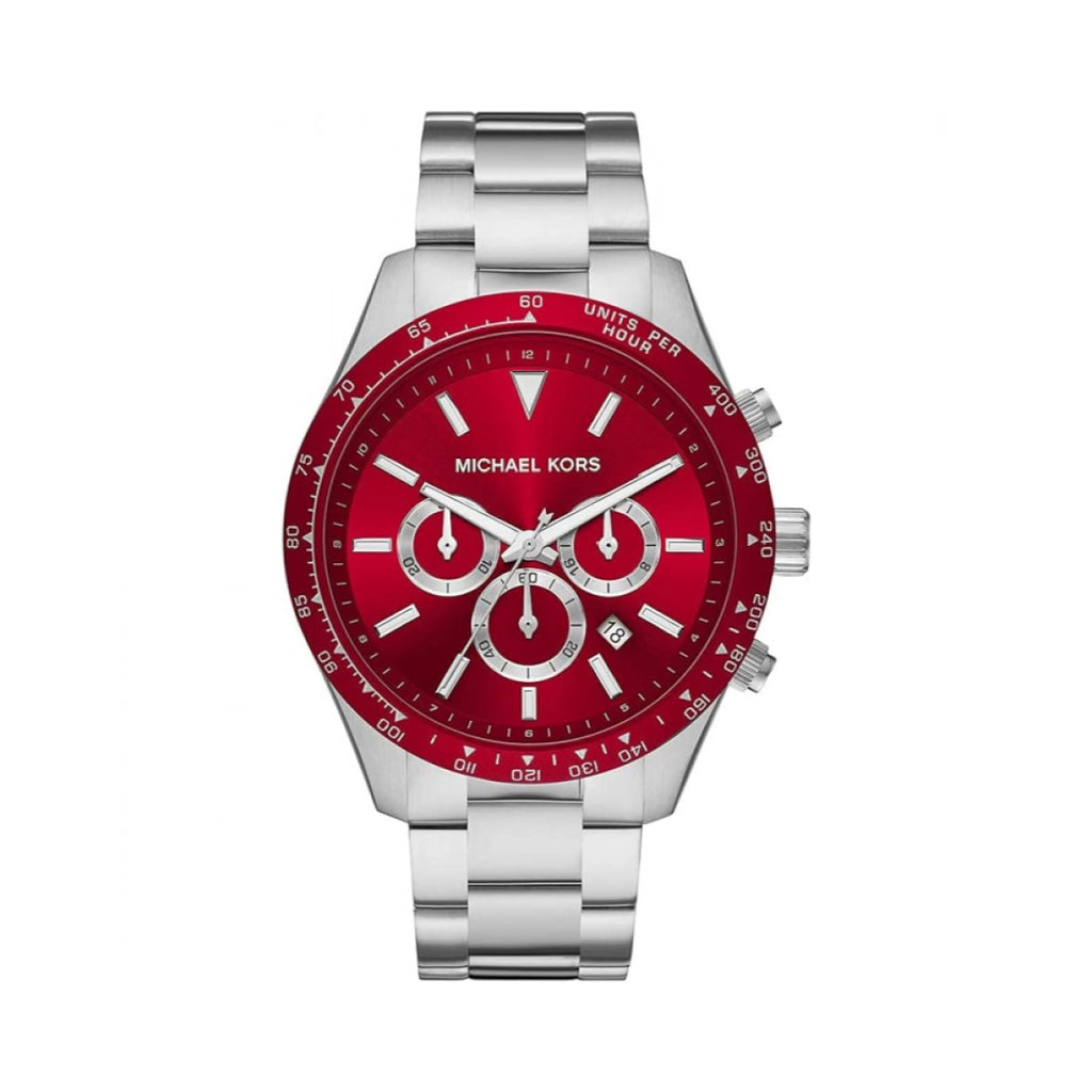 Michael Kors Layton Chronograph Red Dial Silver Steel Strap Watch For Men