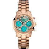 Guess Mini Sunrise Multi Function Analog Turquoise Dial Rose Gold Steel Strap Watch For Women - W0448L8