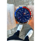 Tommy Hilfiger Bank Chronograph Blue Dial Silver Steel Strap Watch for Men - 1791718