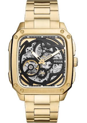 Fossil Inscription Automatic Skeleton Black Dial Gold Steel Strap Watch for Men - BQ2573