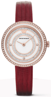 Emporio Armani Two-Hand Analog White Dial Red Leather Strap Watch For Women - AR11532