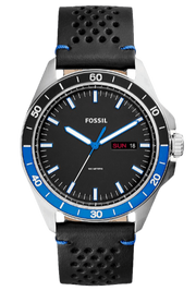 Fossil Sport 54 Day Date Black Dial Black Leather Strap Watch for Men - FS5321