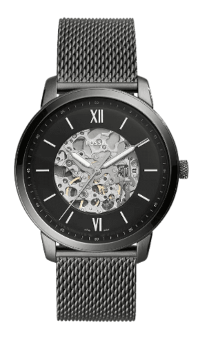 Fossil Neutra Automatic Skeleton Black Dial Grey Mesh Strap Watch for Men - ME3185