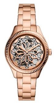 Fossil Rye Automatic Skeleton Rose Gold Dial Rose Gold Steel Strap Watch for Women - BQ3754