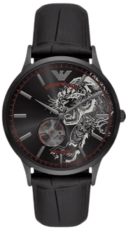 Emporio Armani Meccanico Skeleton Black Dial Black Leather Strap Watch For Men - AR60046