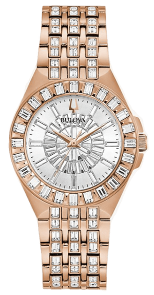 Bulova Phantom White Dial with Swarovski Baguettes Rose Gold Steel Strap Watch for Women - 98L268