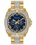 Bulova Crystal Collection Blue Dial Gold Steel Strap Watch for Men - 98C128