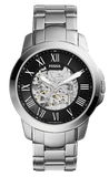 Fossil Grant Automatic Skeleton Black Dial Silver Steel Strap Watch for Men - ME3103