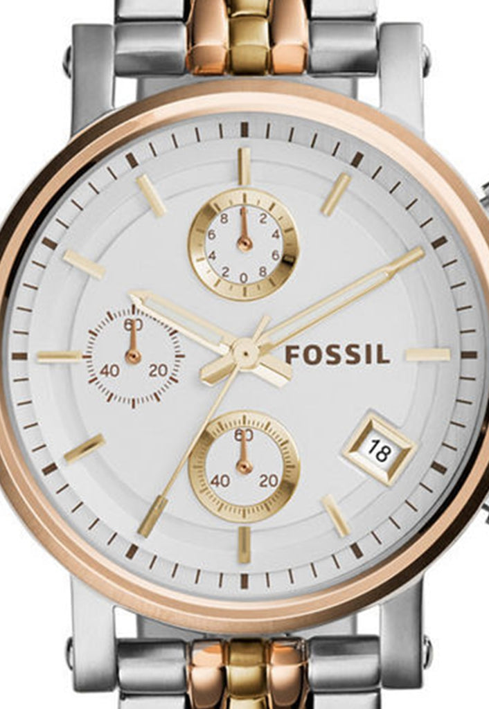 Fossil Boyfriend Chronograph White Dial Two Tone Steel Strap Watch for Women - ES3840