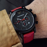 Emporio Armani Luigi Chronograph Black Dial Red Leather Strap Watch For Men - AR1971