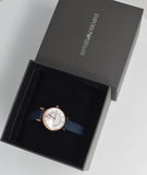 Emporio Armani Gianni T-Bar Analog Mother of Pearl Dial Blue Leather Strap Watch For Women - AR11468