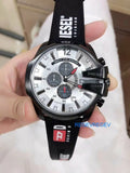 Diesel Mega Chief Chronograph Silver Dial Black Leather Strap Watch For Men - DZ4512