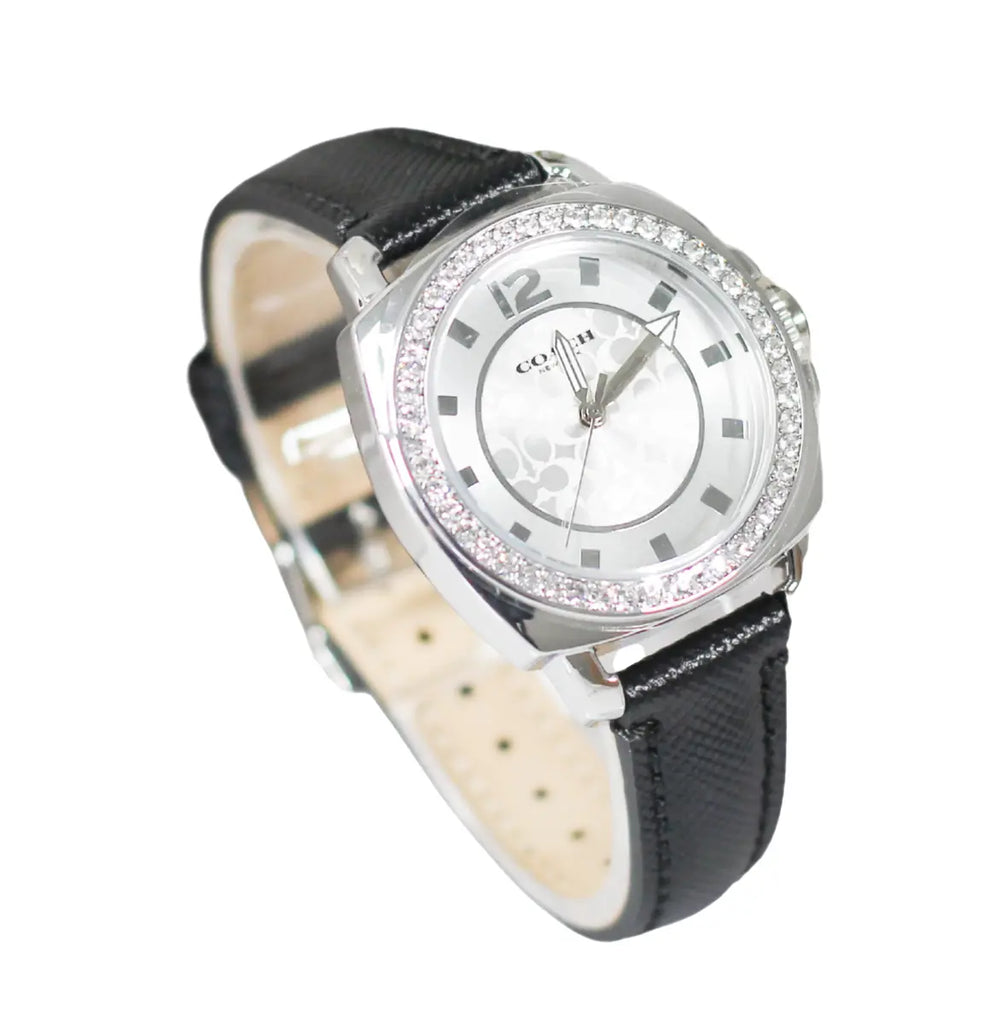 Coach Boyfriend Silver Dial Black Leather Strap Watch for Women